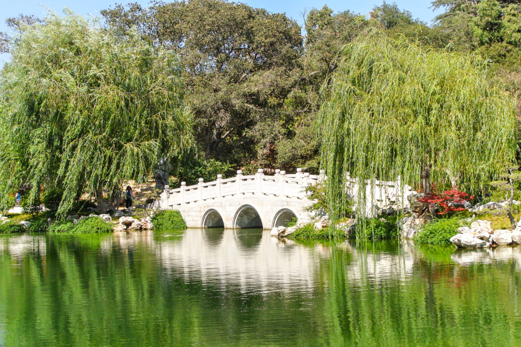 White bridge with chinese architecture over a small lake with beautiful green trees surrounding