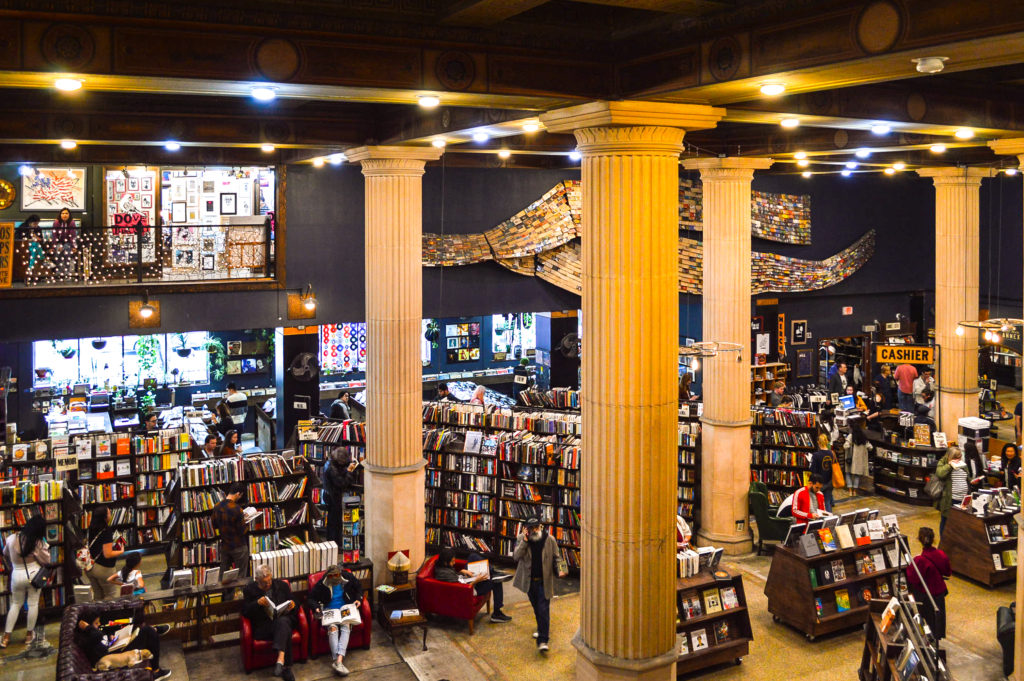 Bookstore in Downtown Los Angeles view from the second floor looking down at the rows and rows of books for sale