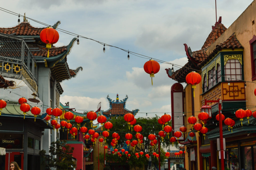 red hanging Chinese lanterns in Chinatown Los Angeles