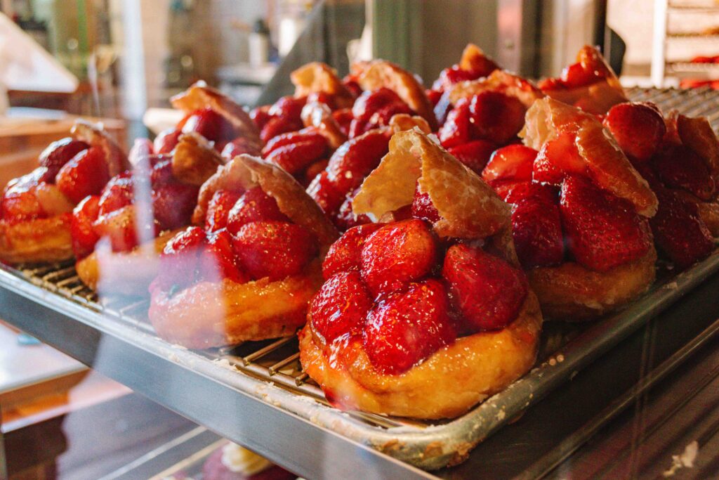 rows of strawberry filled donuts from Donut Man in Los Angeles