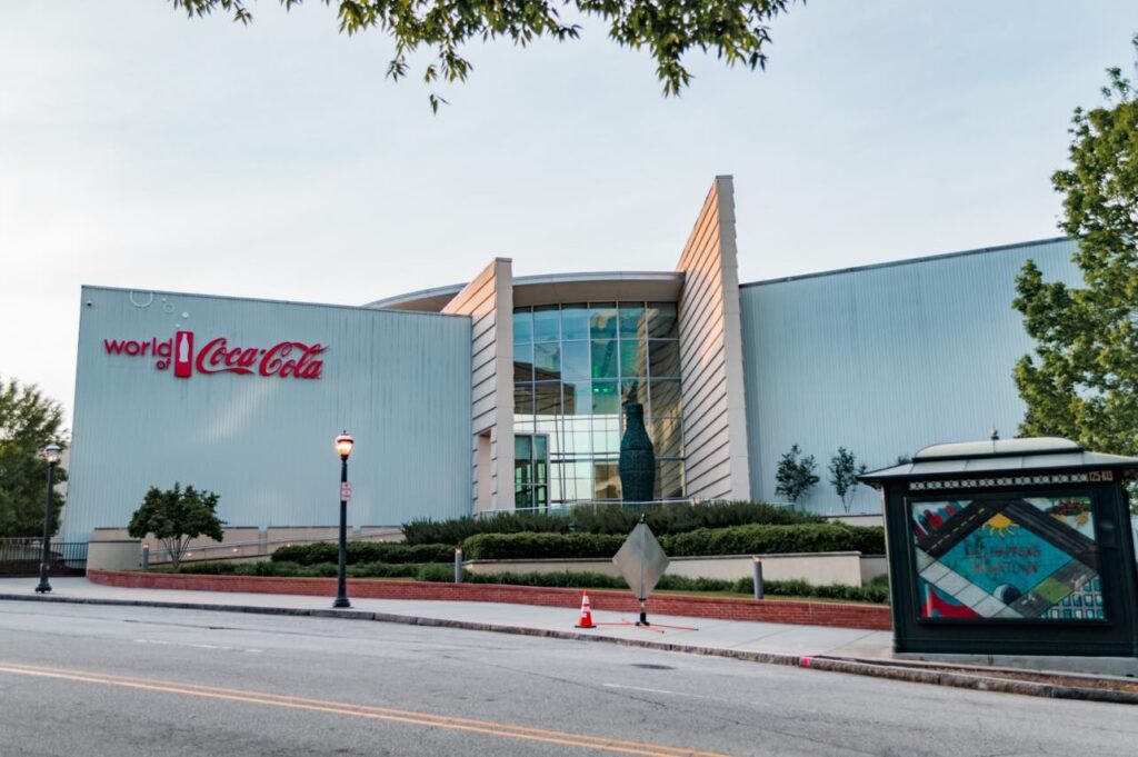 Exterior of the World of Coke in Atlanta during sunset