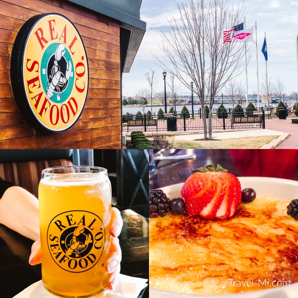 Collage of pictures of Real Seafood restaurant in Bay City Michigan; top: view of outside of restaurant; bottom left: drink in signature glass; bottom right: dessert topped with strawberries