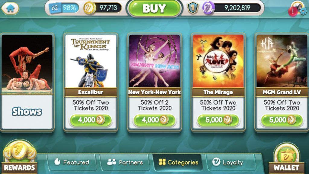 screenshot of MyVegas Slots App with different Vegas show icons and their respective discounts