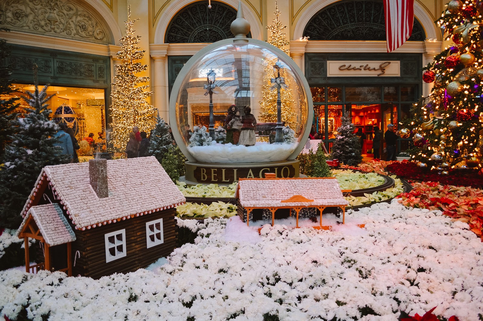 large snow globe on fake snowy grass inside the Bellagio hotel in Las Vegas, Nevada