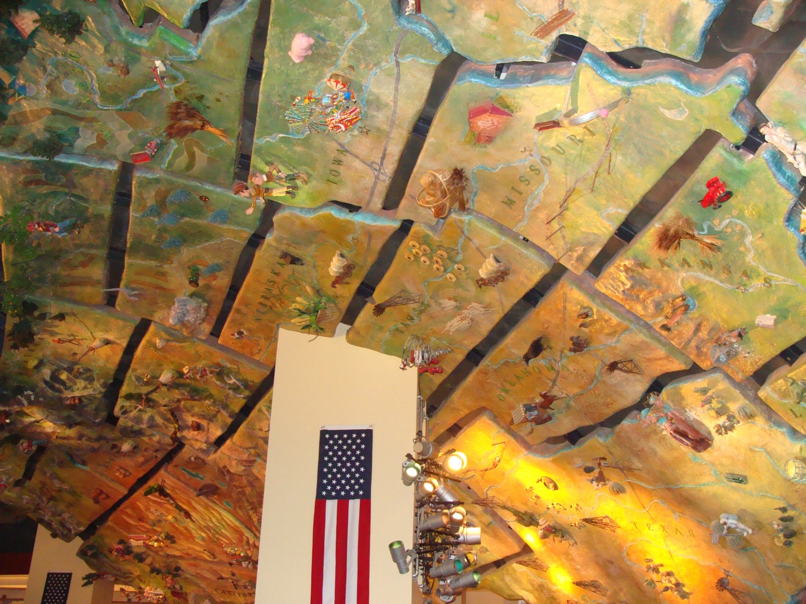 3D map of America larger than life with 3D elements added to reflect popular things in each state