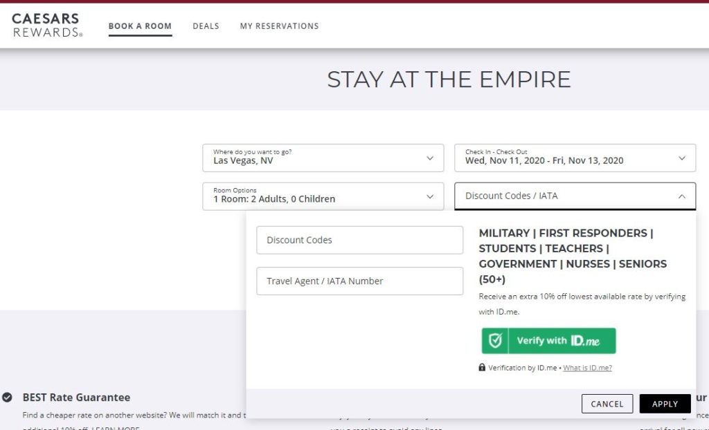 Screenshot of Student Discount checkout at Caesars Palace
