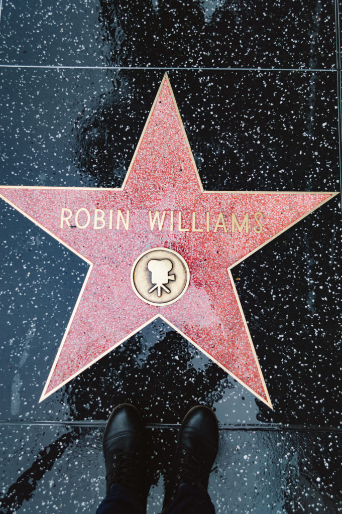 Robin Williams' star on the Hollywood Walk of Fame from above on a rainy day
