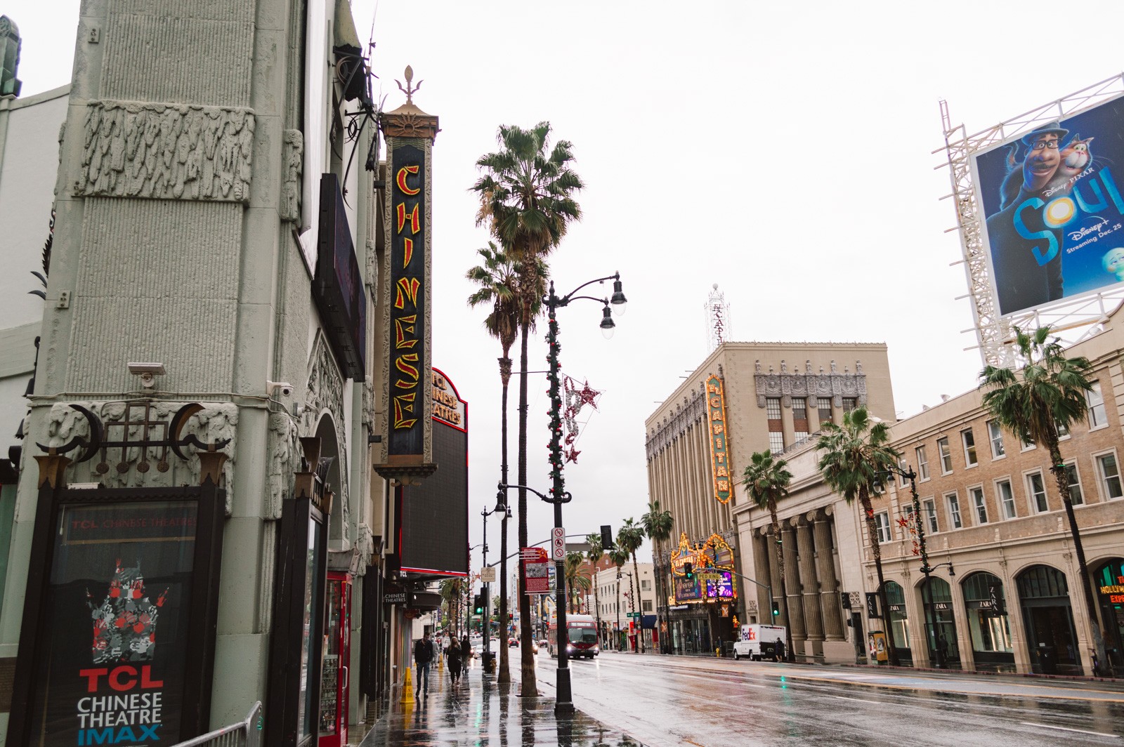 Hollywood Walk of Fame on a rainy day with no crowds and palm tree lined streets