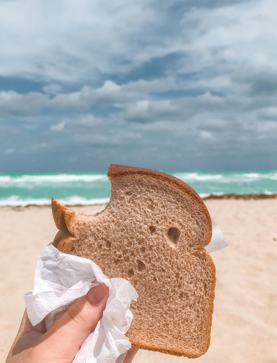 someone holding a sandwich at the beach on a cloudy day