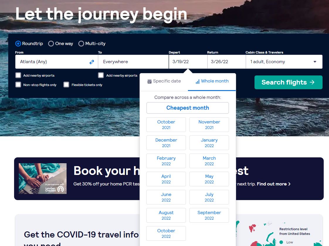 screenshot of Skyscanner flight search engine