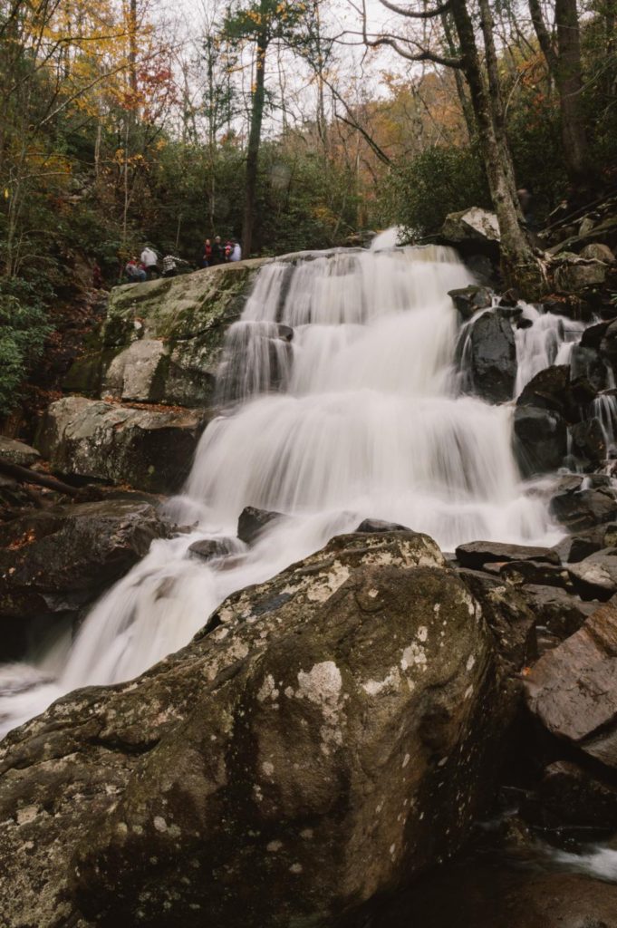 view of a cascading waterfall long exposure in the Smoky Mountains