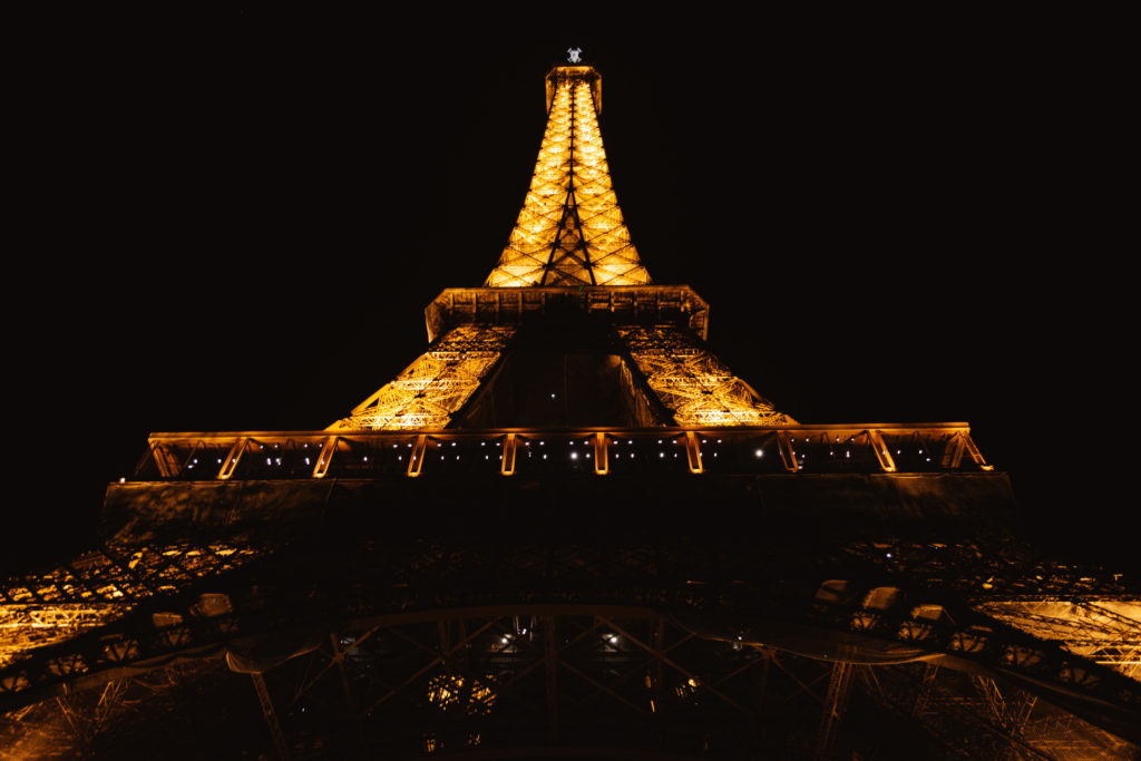 Eiffel tower at night lit up yellow