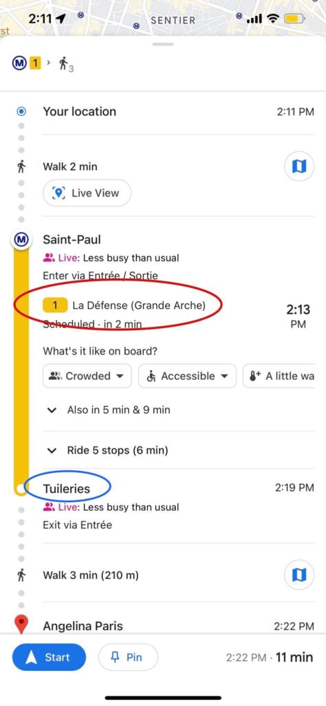 screenshot of Metro directions
