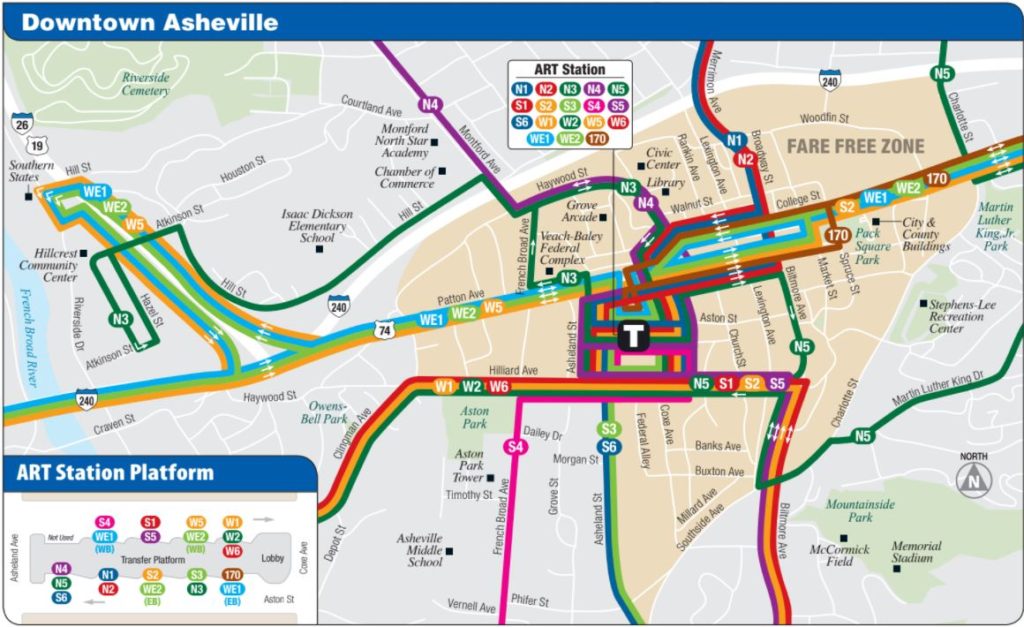 Asheville bus map of downtown including free areas