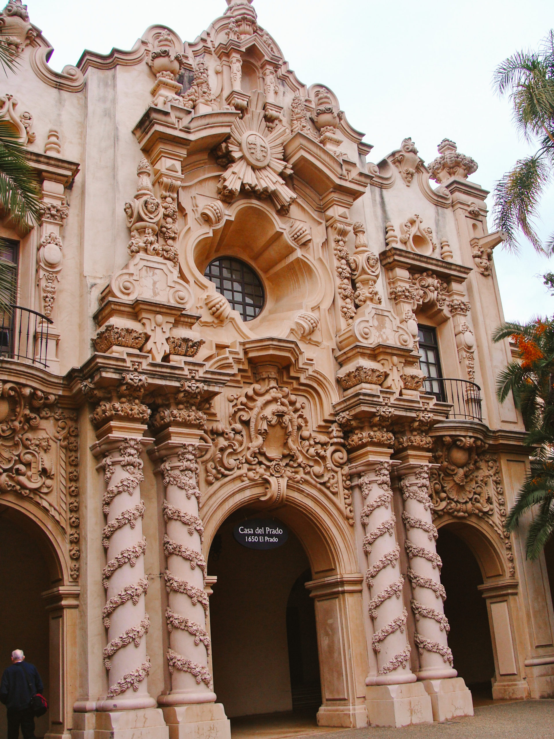 vertical view of Spanish museum in San Diego's Balboa Park with unique over the top architecture