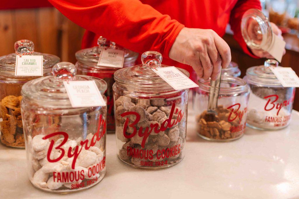 Byrd's Famous Cookies with cookie jars filled with small mini cookies