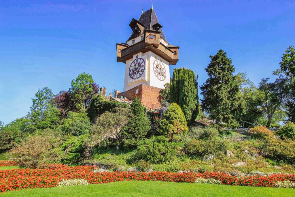 Graz, Austria landscape with clock tower on a hill
