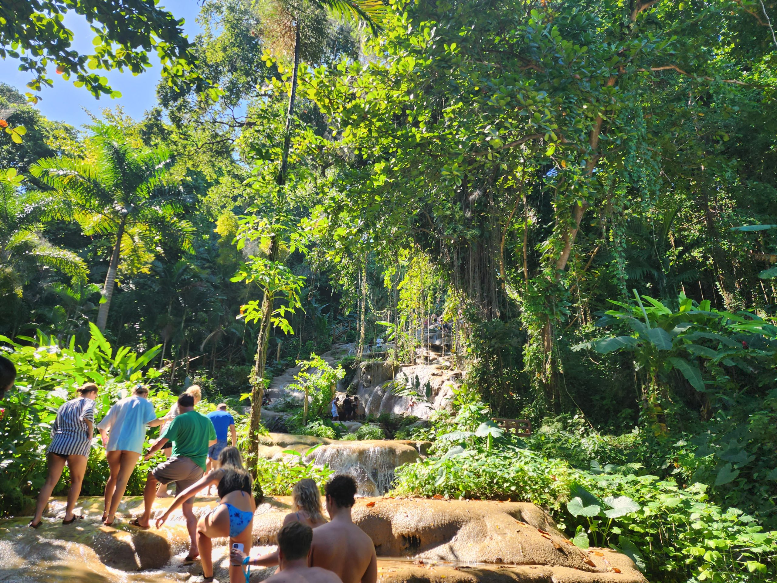 line of people in bathing suits climbing a waterfall in lush Jamaica jungle