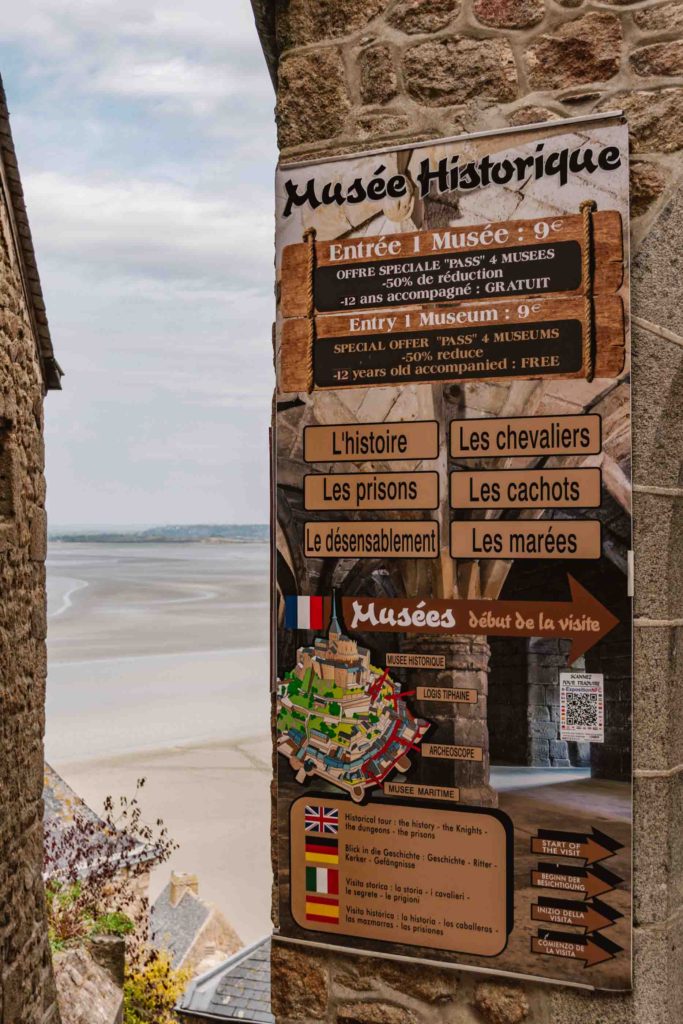 Museum Historique sign on the side of the building with a map of Mont Saint Michel with other museums
