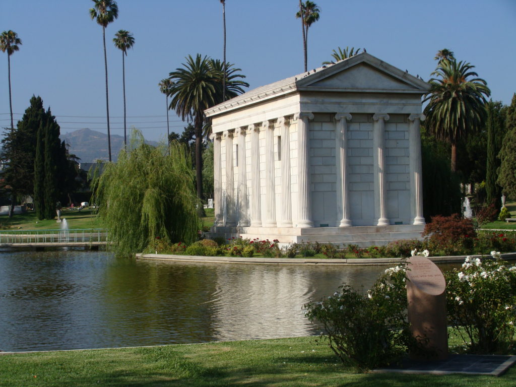 white mausoleum in Hollywood cememtery