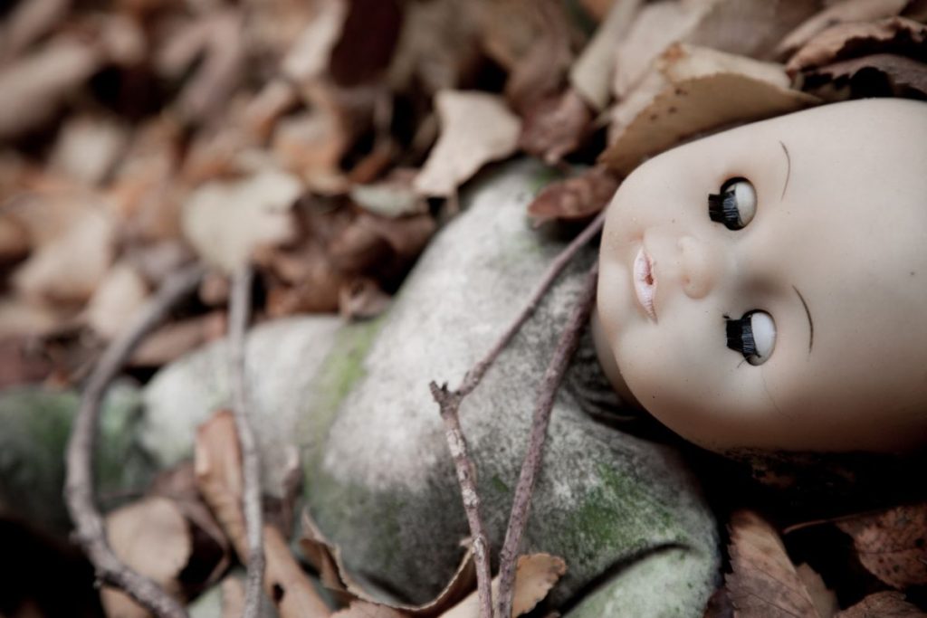 abandoned doll in a forest floor