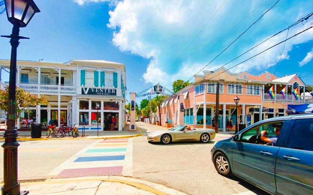 Colorful shops on Duval Street in Key West, Florida.