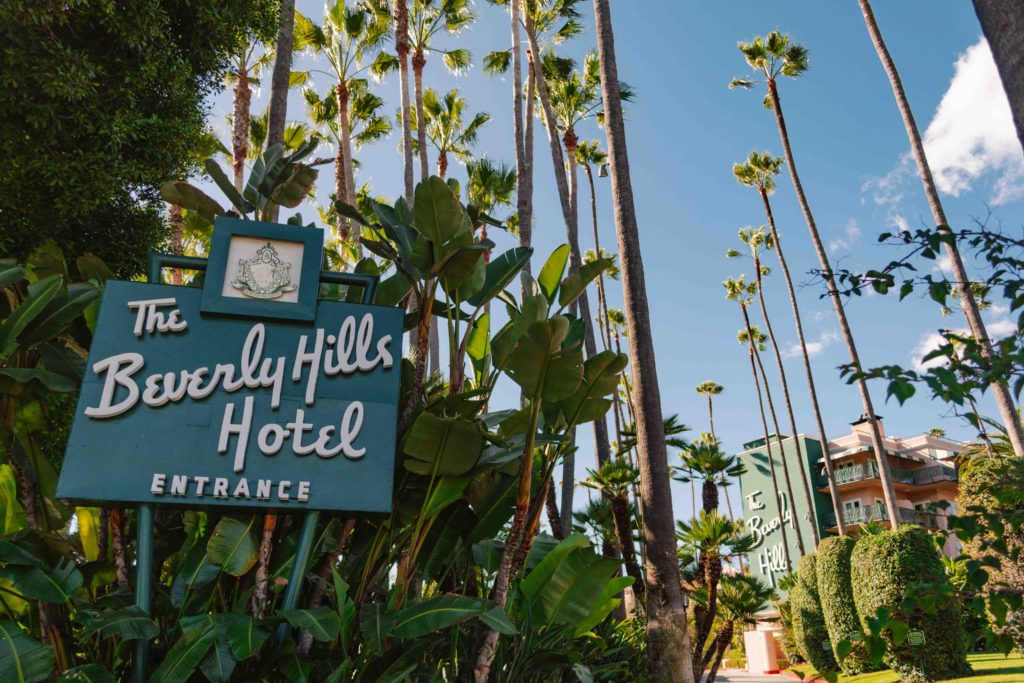 Los Angeles landmark Beverly Hills Hotel with palm trees