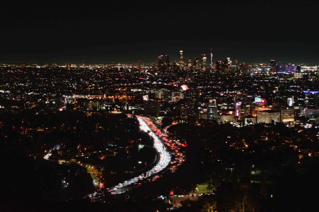 overlook of Los Angeles skyline at night