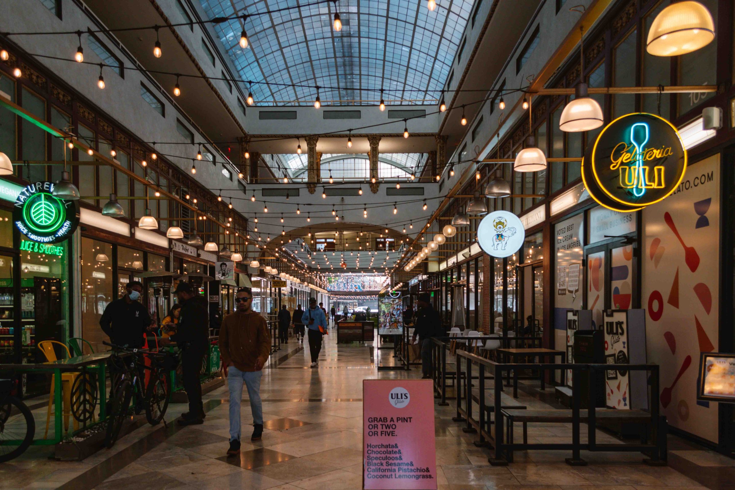 interior of building in Los Angeles with restaurants inside