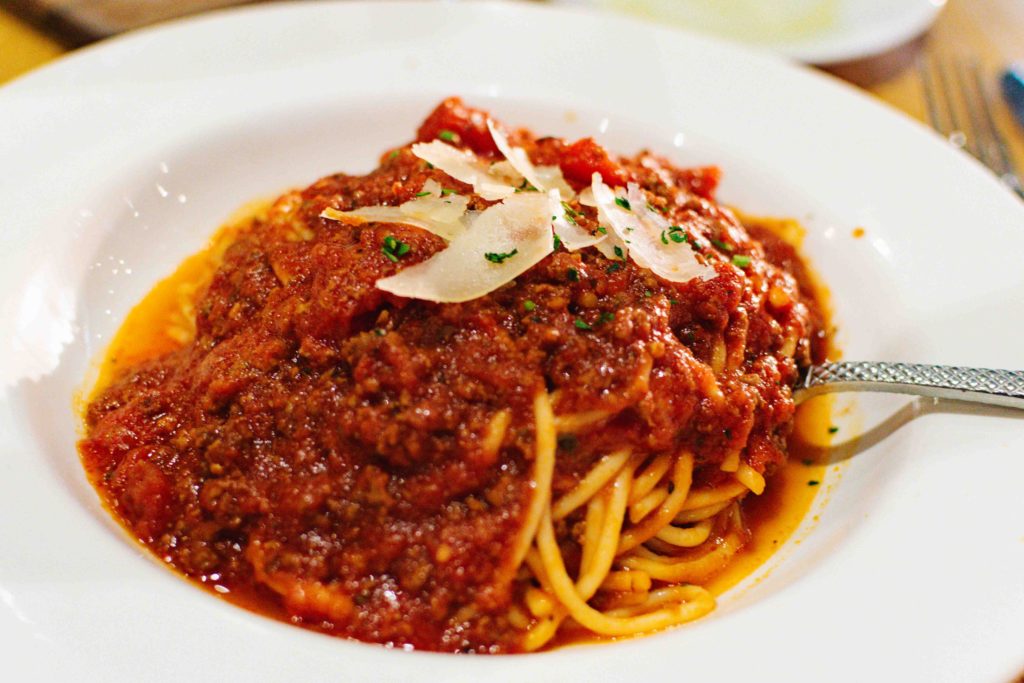 large plate of spaghetti bolognese from restaurant in Universal Citywalk
