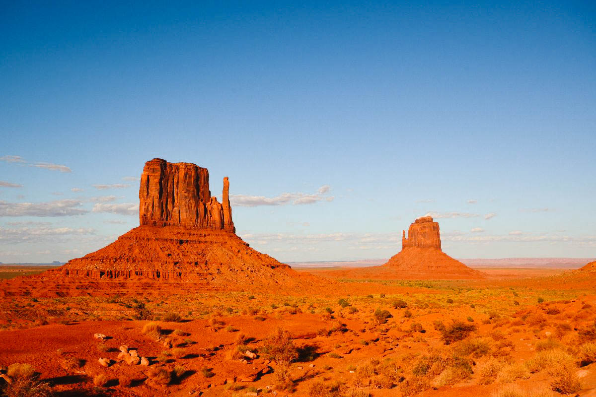 Monument Valley in Utah and Arizona with buttes made of red rock