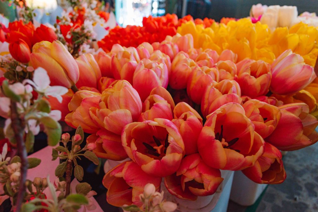 Tulip bundles being sold at a flower market in April in Seattle