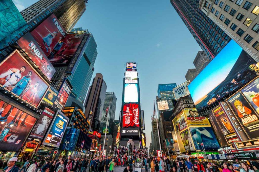 Times Square in New York during twilight blue hour
