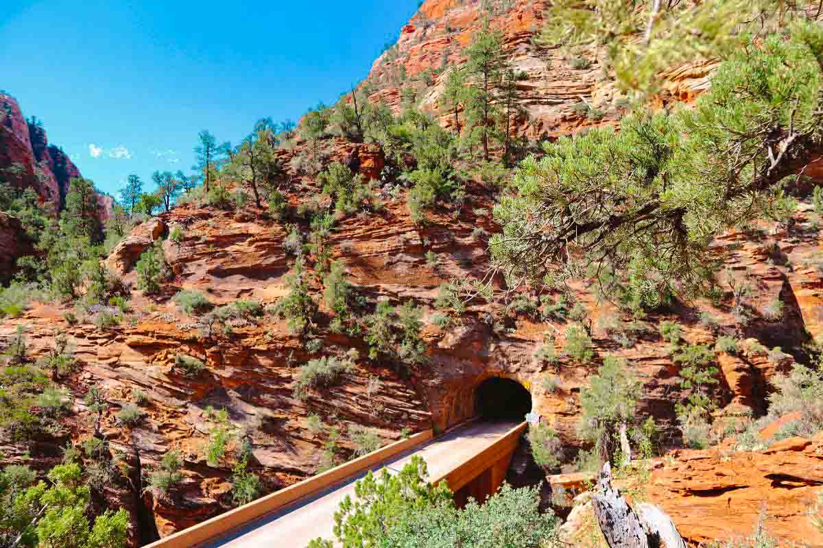 Zion Mount Carmel tunnel through Zion National Park in Utah with red rocks surrounding