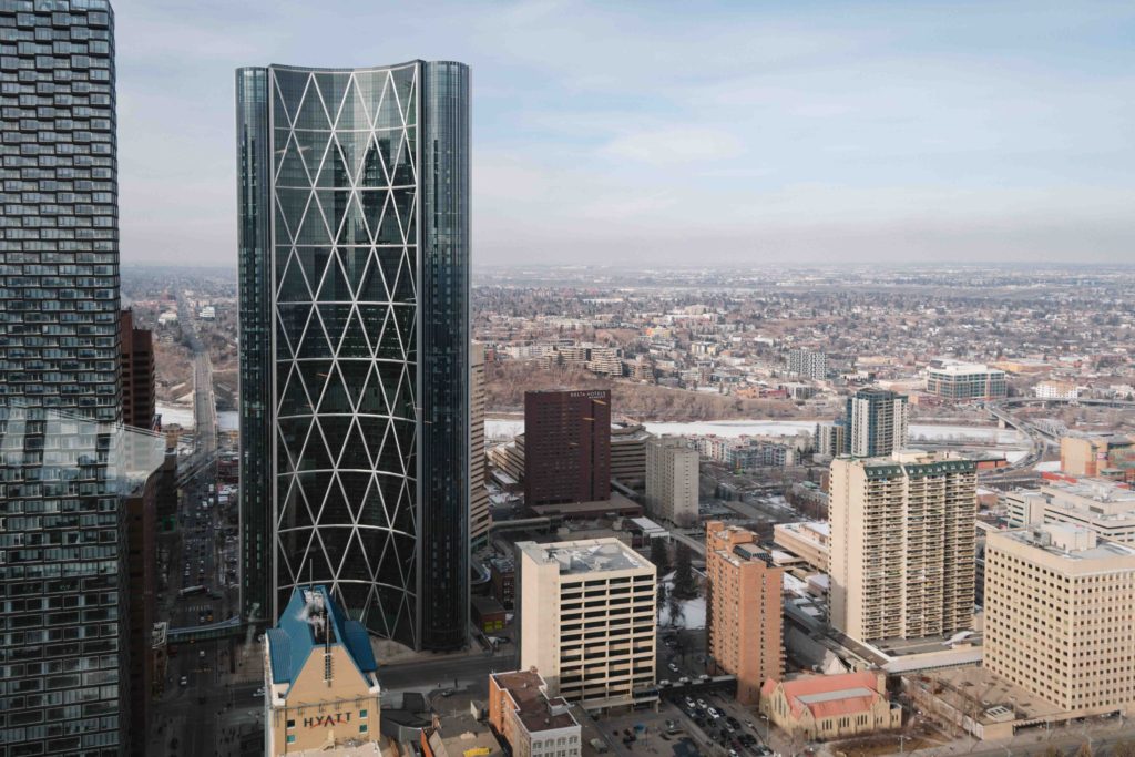 Views of Calgary from the top of Calgary Tower during early spring on a hazy day