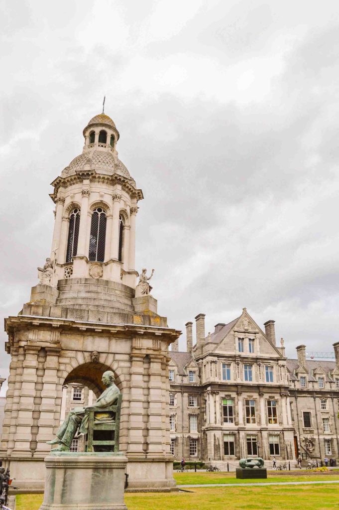 Trinity College campus in Dublin on a cloudy day