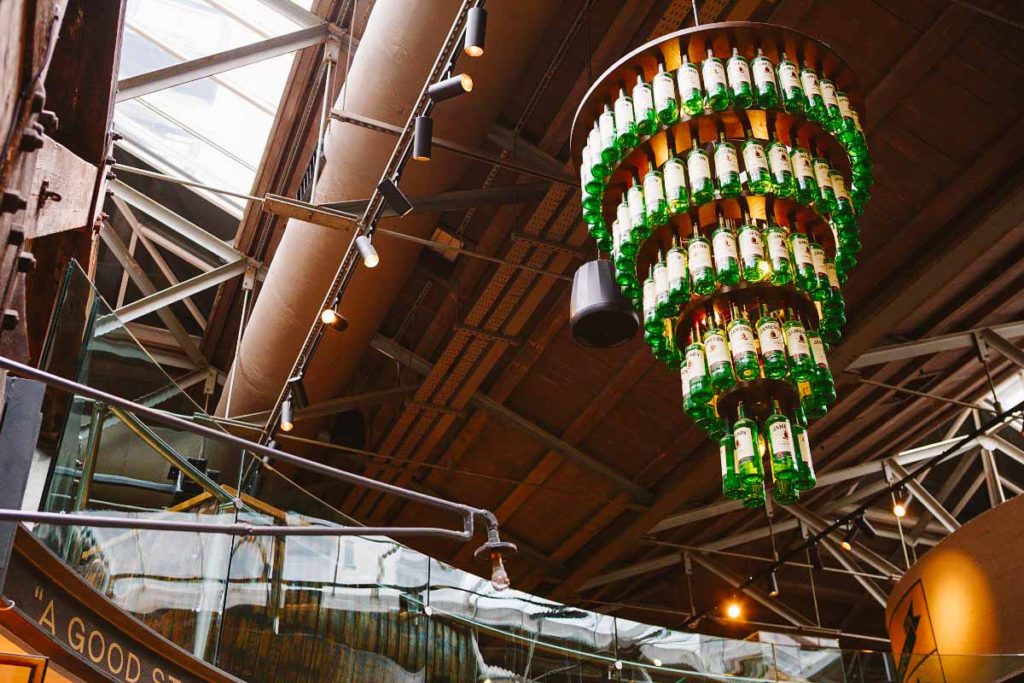 Jameson Distillery view of a chandelier made of Jameson bottles