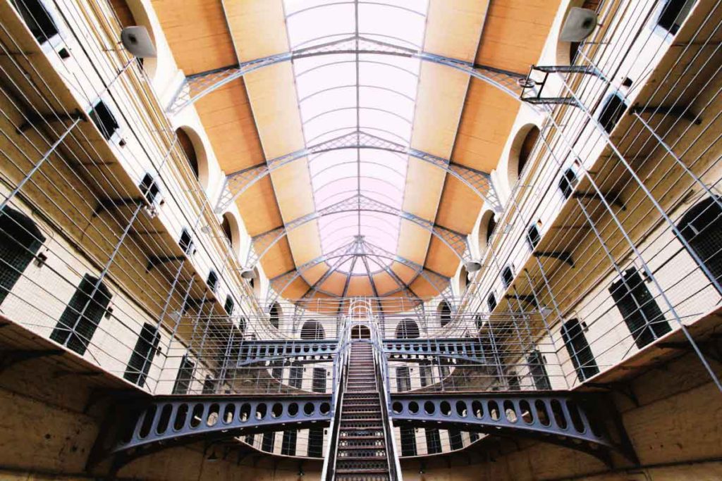 view looking up at historic 19th century prison in Dublin Ireland