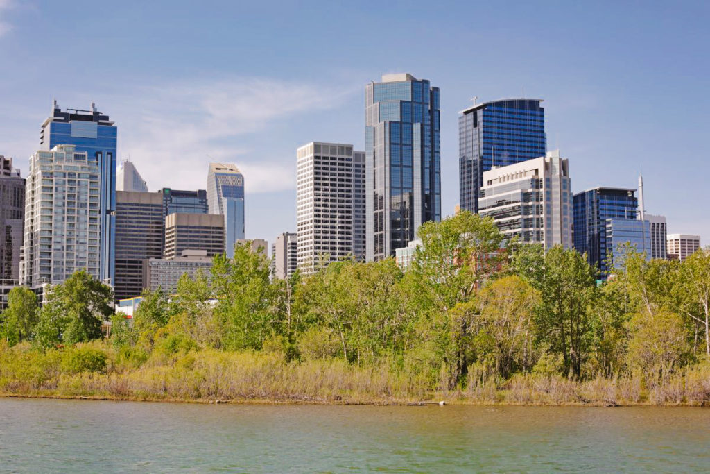 Prince's Island Park in Calgary showing the view from the island of the Calgary city skyline