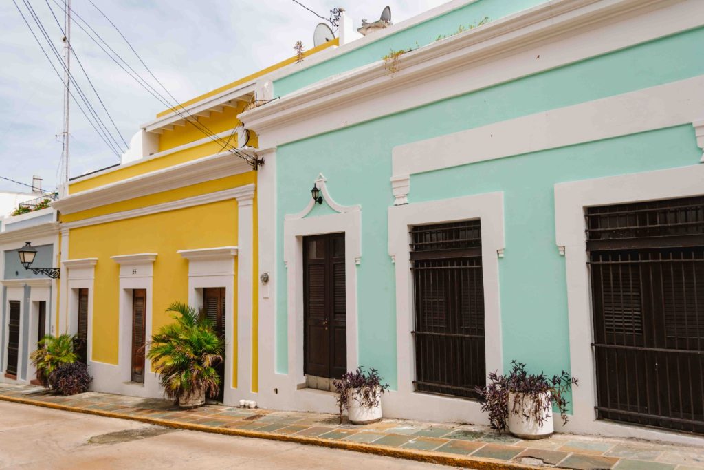 yellow and turquoise buildings in Puerto Rico