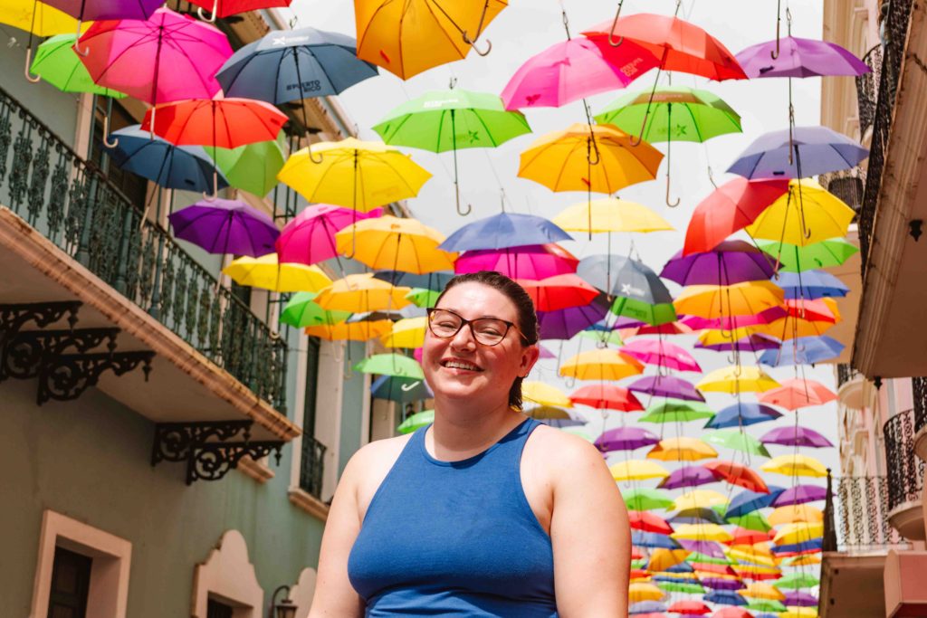 Street with colorful umbrellas hanging over it in San Juan Puerto Rico