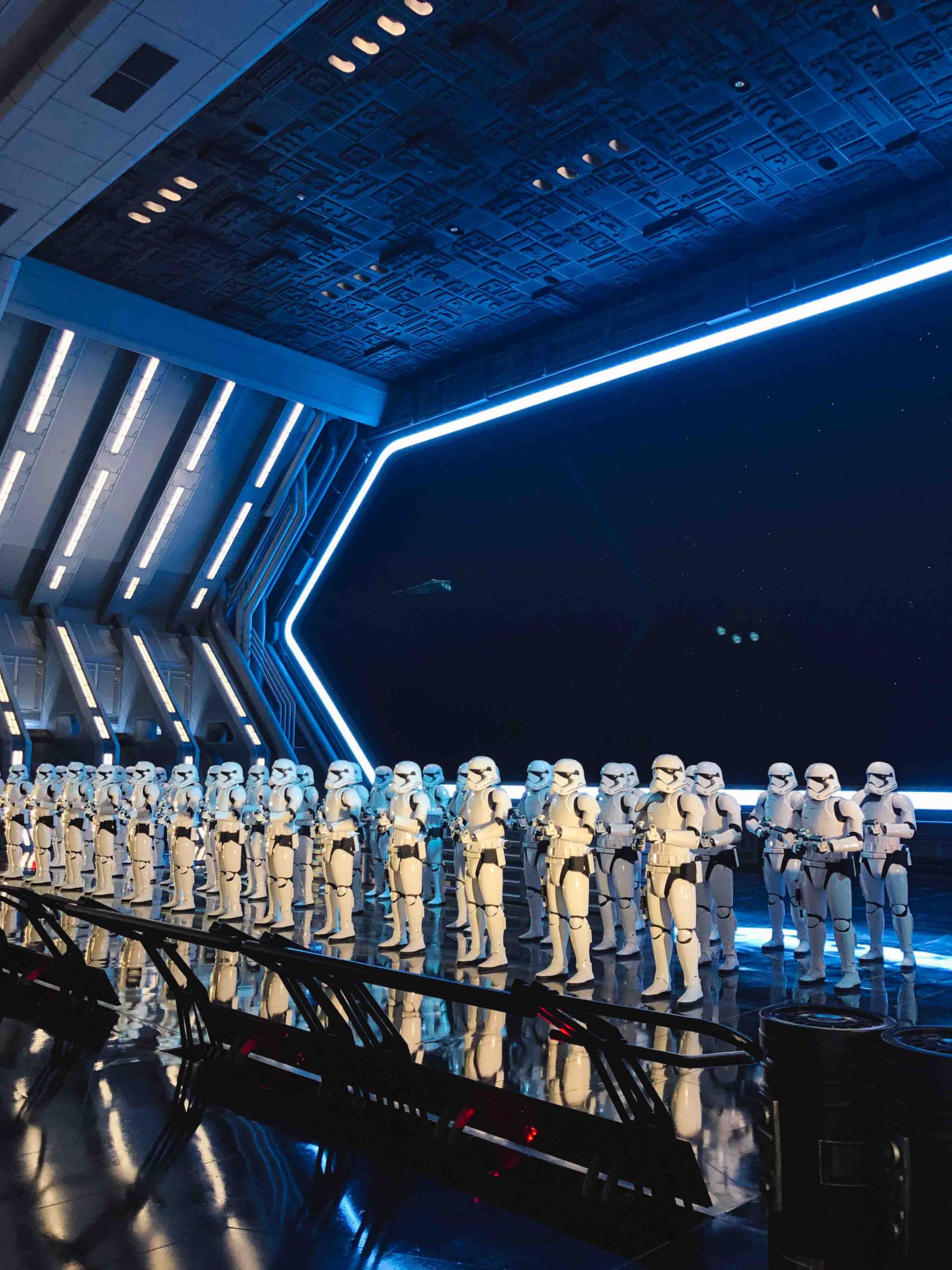 Interior of Star Wars space ship with rows of Stormtroopers in formation