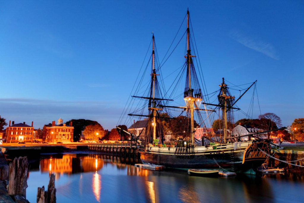 harbor in Salem, MA with large historic pirate looking ship