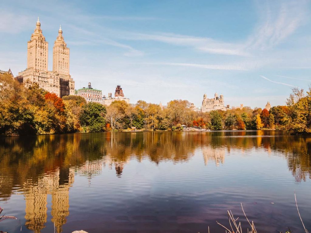 View of Central Park Lake in fall