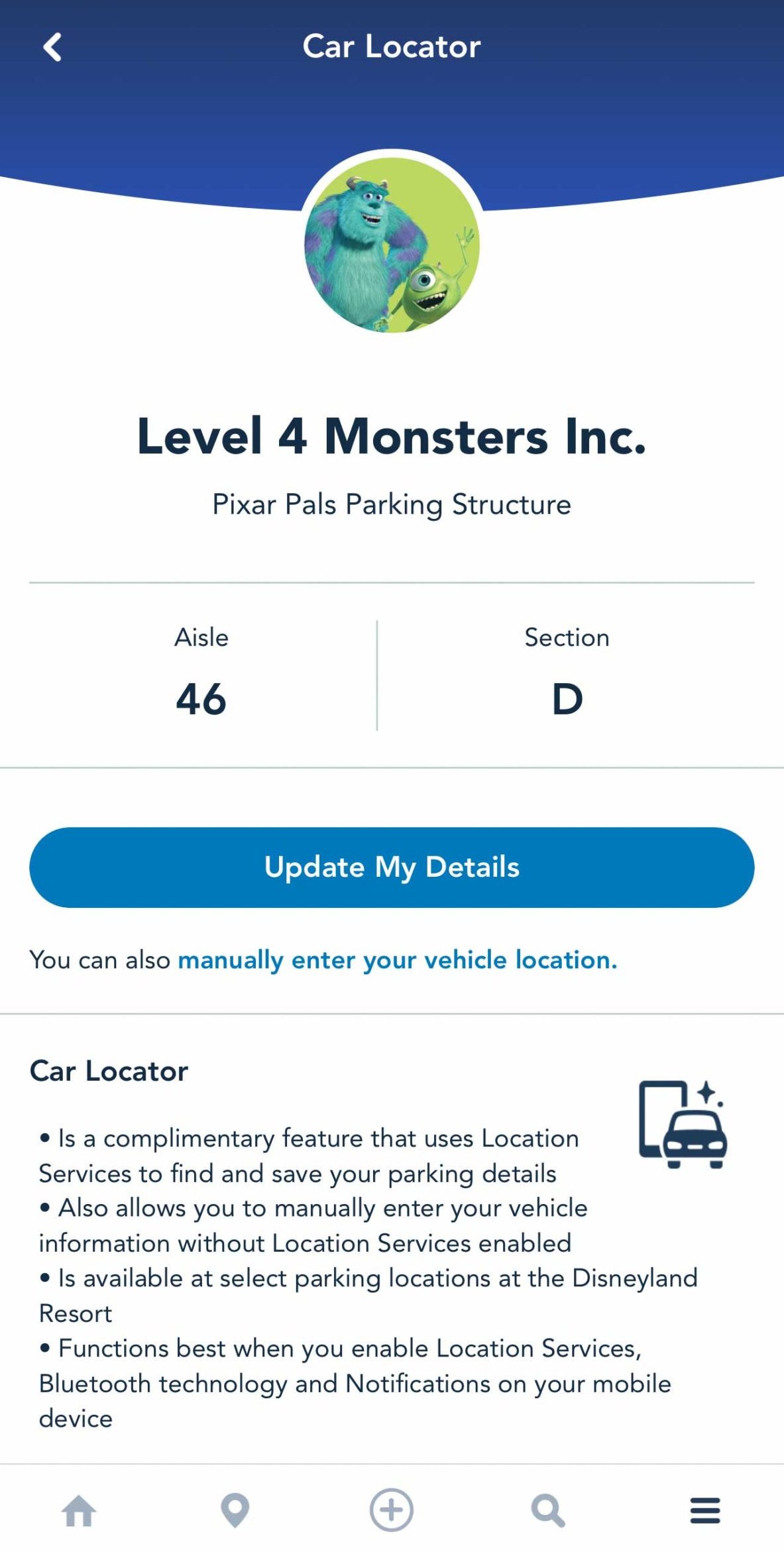 View of parking structure parking spot saved in Disneyland app so you don't forget after Disneyland in a day