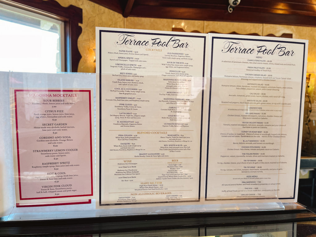 Pool bar menu with Cocktails, Mocktails, and Food