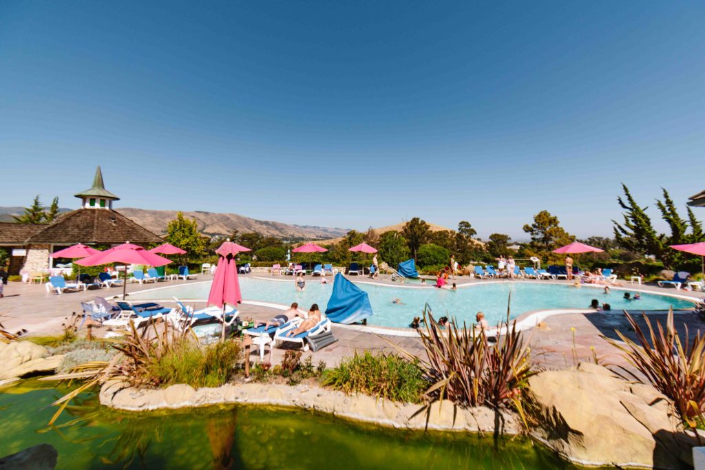 Madonna Inn Pool with view of the San Luis Obispo mountains in the background