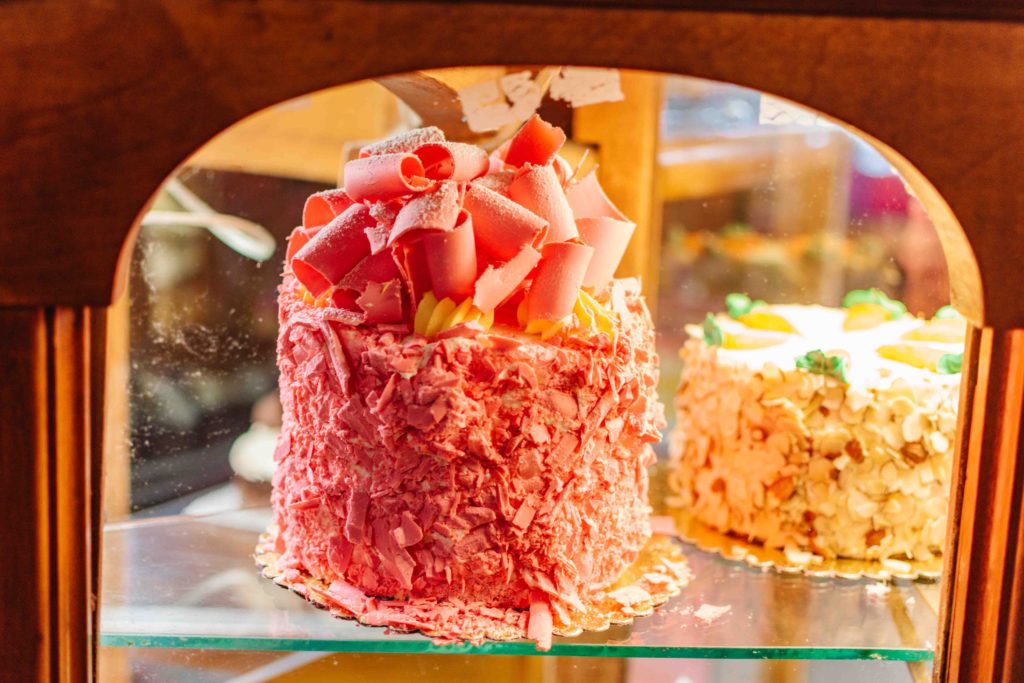 Madonna Inn Bakery pink cake with shaved chocolate