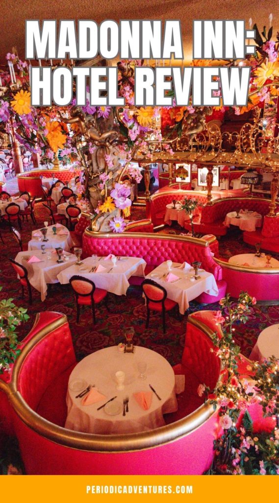 The Madonna Inn is an iconic pink, kitschy hotel in San Luis Obispo, California. In this Madonna Inn hotel review, I'm sharing my review of my room, the spa, pool, Copper Cafรฉ, Gold Rush Steakhouse, and goblets and other souvenirs!