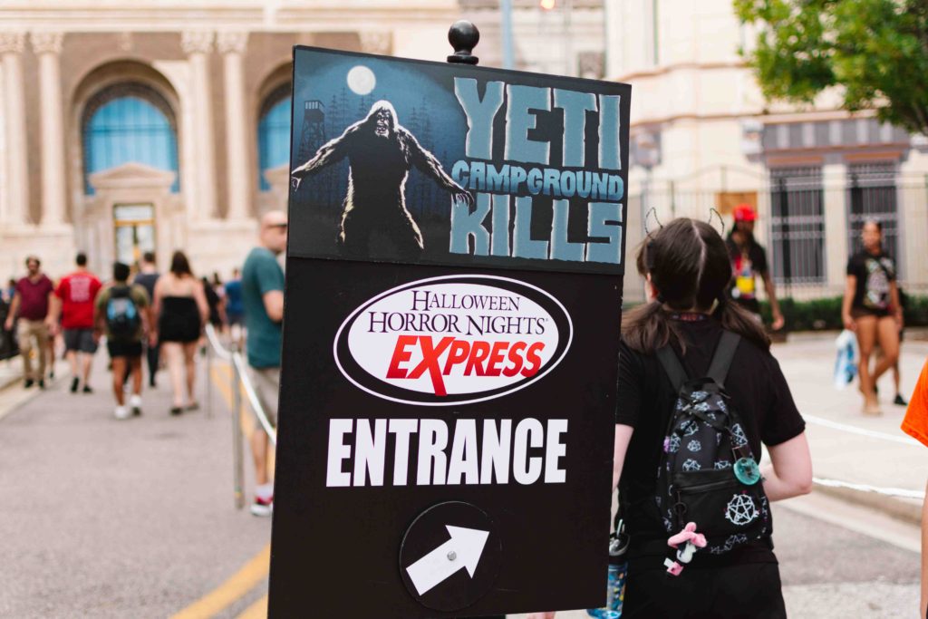 Express ticket for Halloween Horror Nights gives entry into special lower wait time queues like this one for Yeti Campground Kills